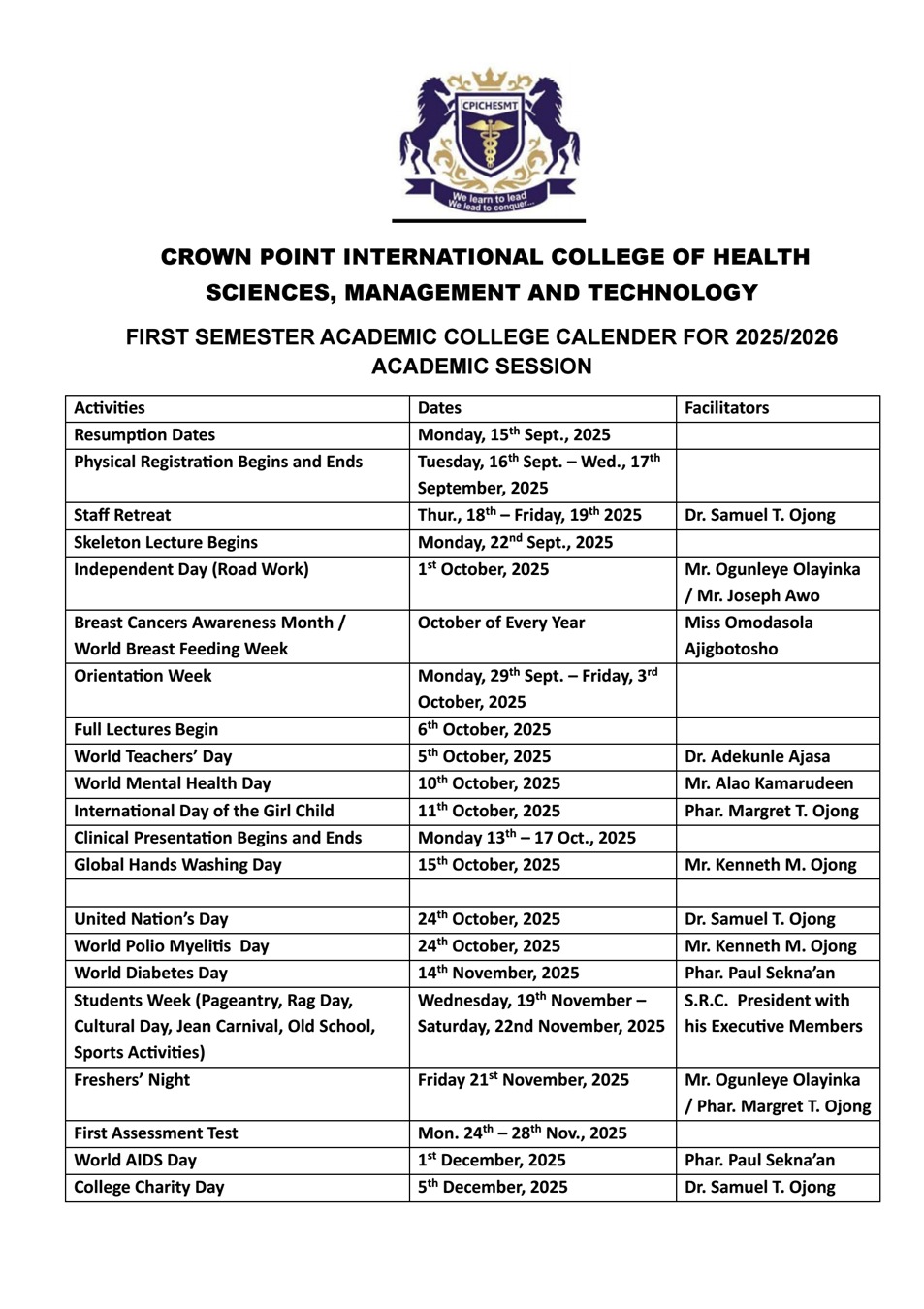 2025/2026 Academic Calenndar